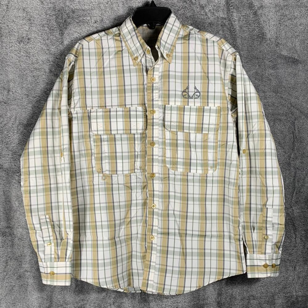 Realtree Fishing Shirt Mens Small Beige White Plaid Vented Long Sleeve Outdoor